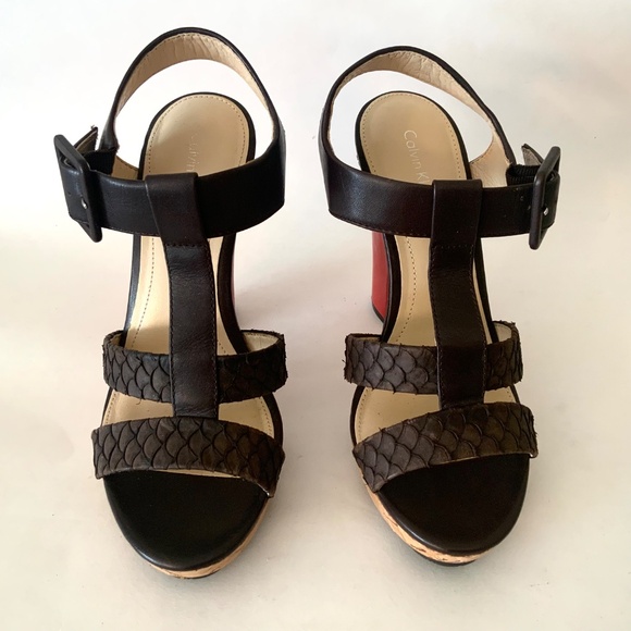 Calvin Klein Bea Platform Stiletto Heel Sandal Brow Red Leather T-Strap Pump 7.5 - Picture 7 of 16